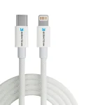 White braided charging cable with USB-C and Lightning connectors coiled side by side.