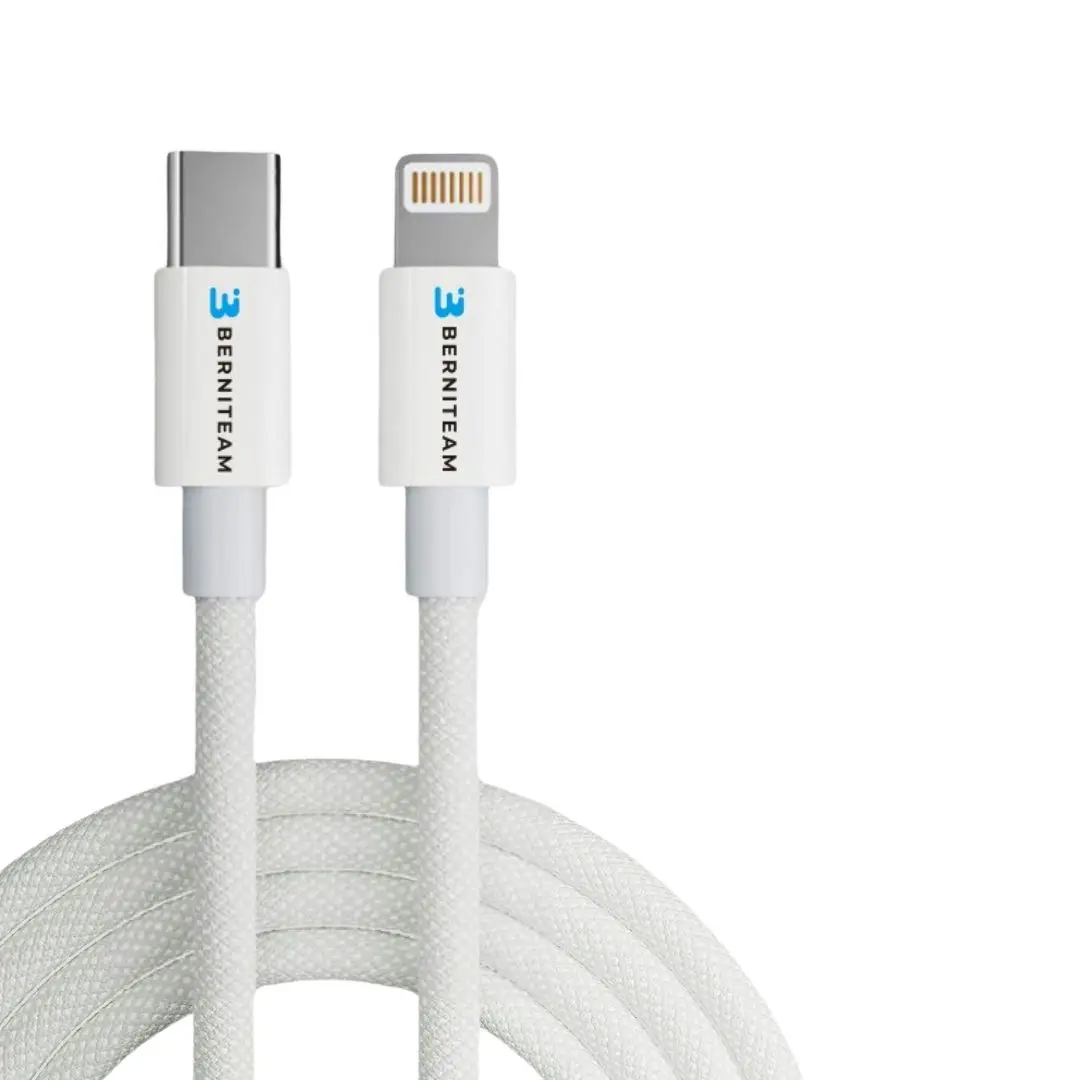 White braided charging cable with USB-C and Lightning connectors coiled side by side.